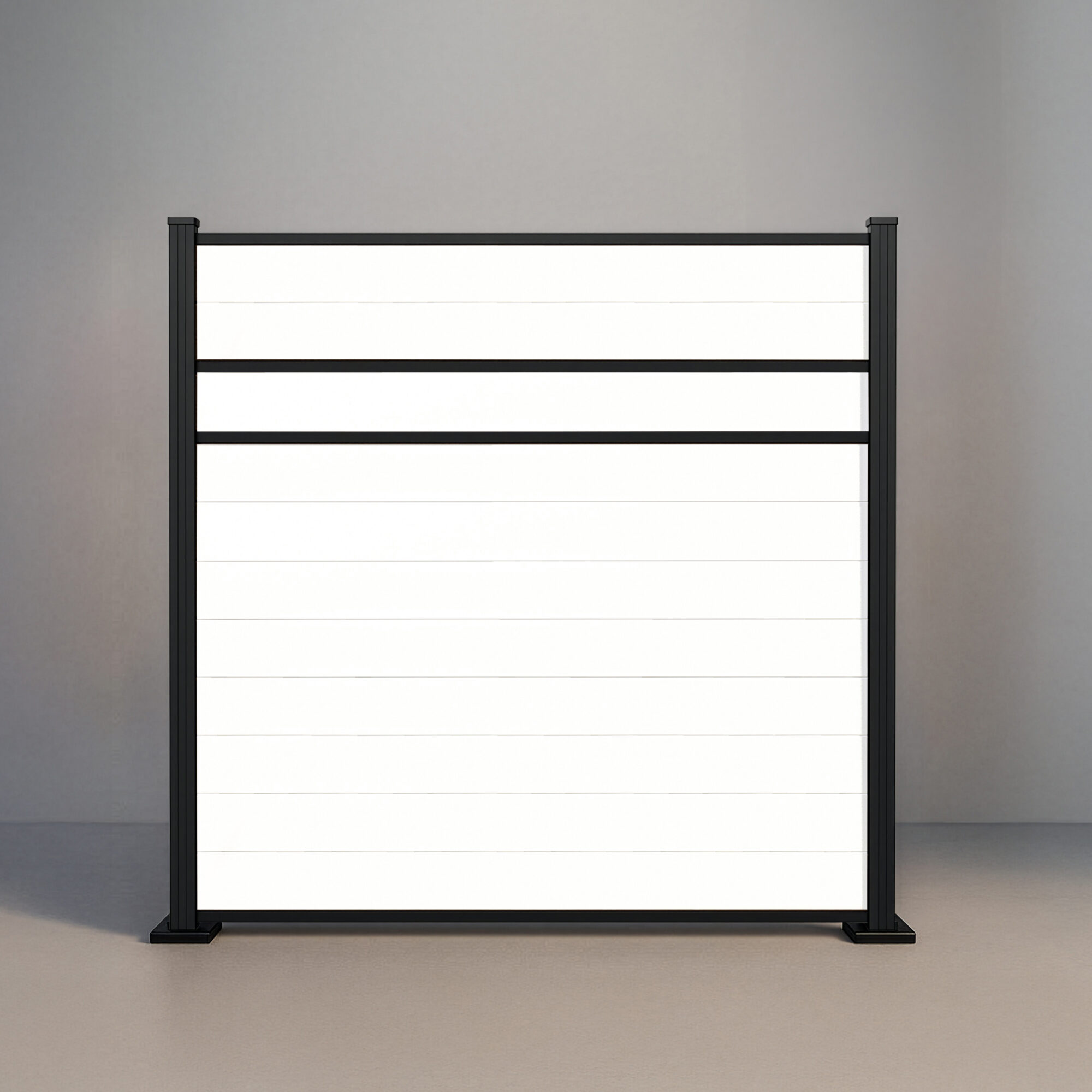 GWF® Modern Privacy horizontal vinyl fence in Mykonian White, eleven solid smooth boards with two mid-rail reveals and matte black aluminum posts.