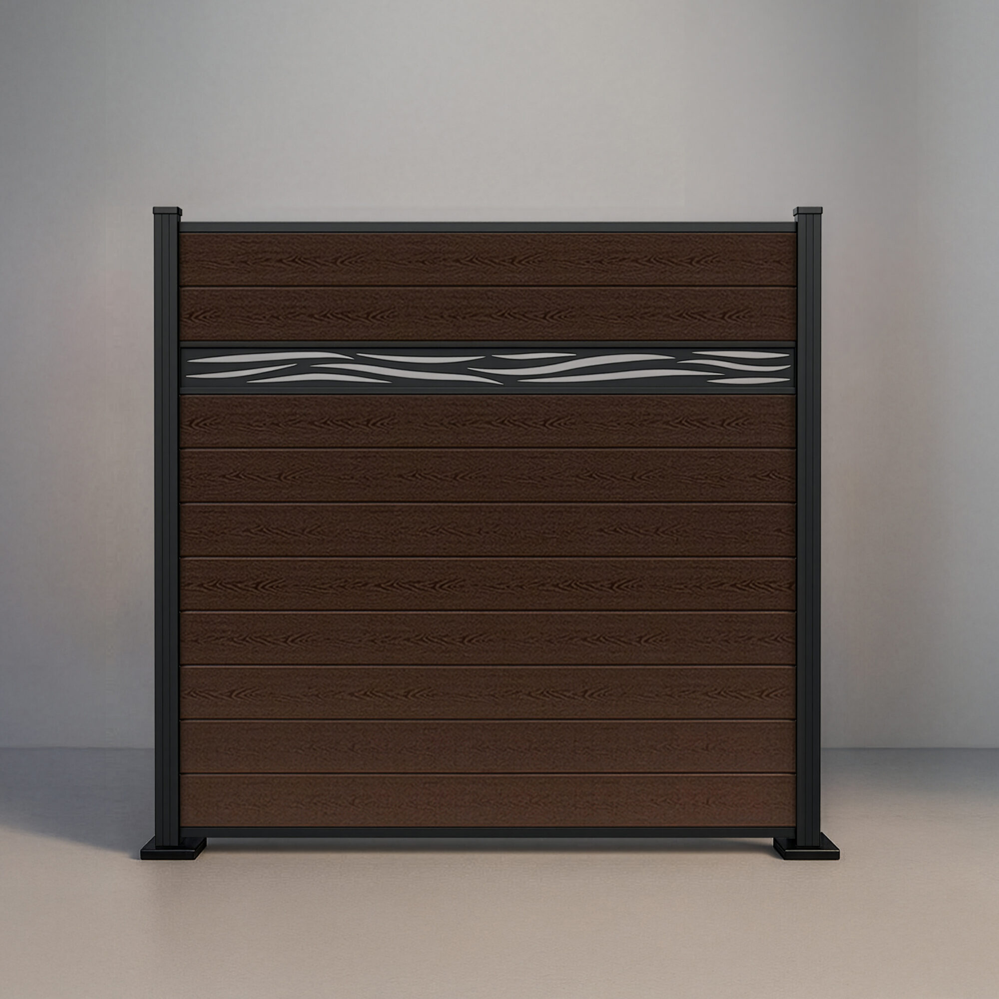 GWF® Waveform Lattice horizontal composite fence in Aspen Brown, ten tongue-and-groove boards with a matte black laser-cut aluminum waveform accent on a 6063-T5 frame.