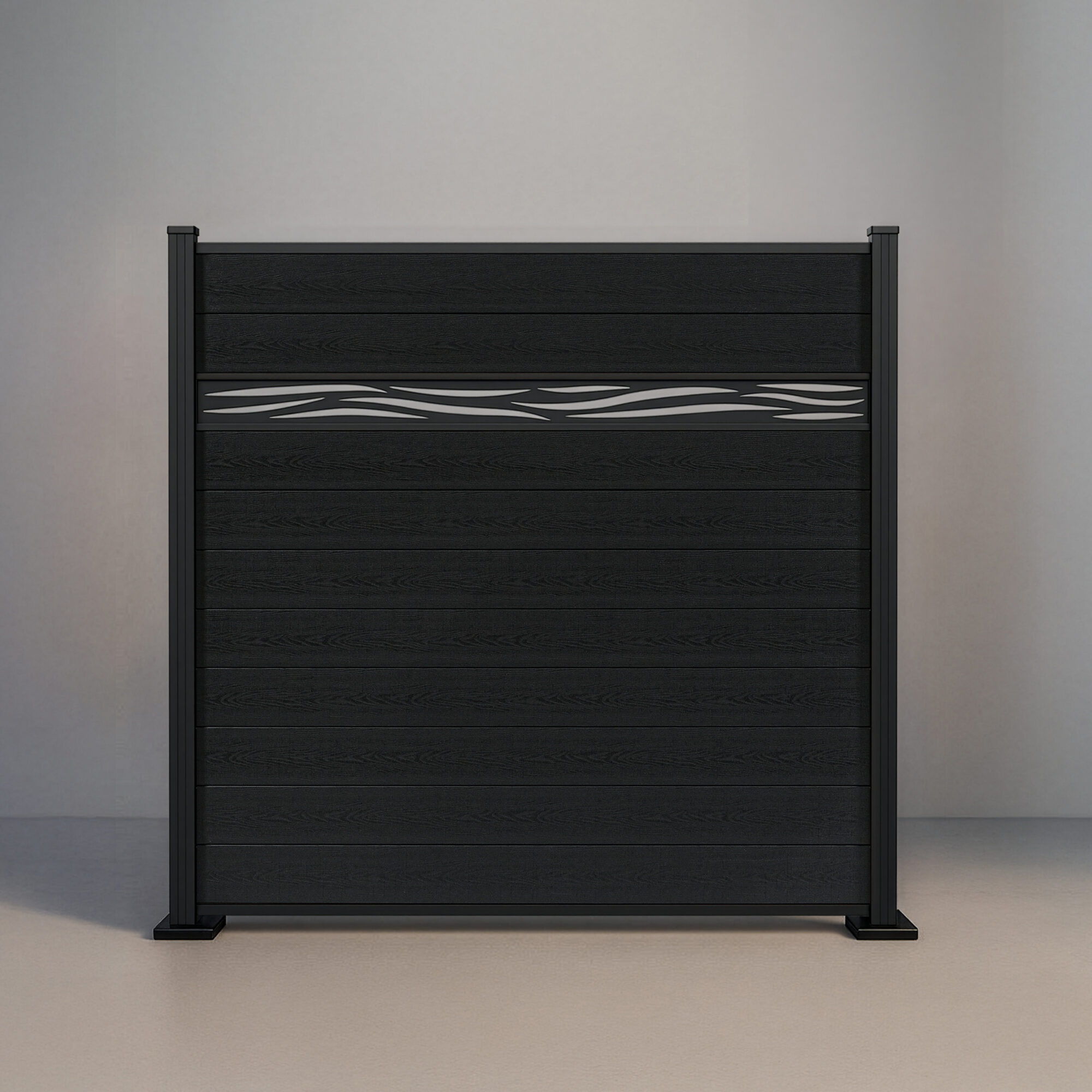 GWF® Waveform Lattice horizontal composite fence in Charcoal, ten tongue-and-groove boards with a matte black laser-cut aluminum waveform accent on a 6063-T5 frame.