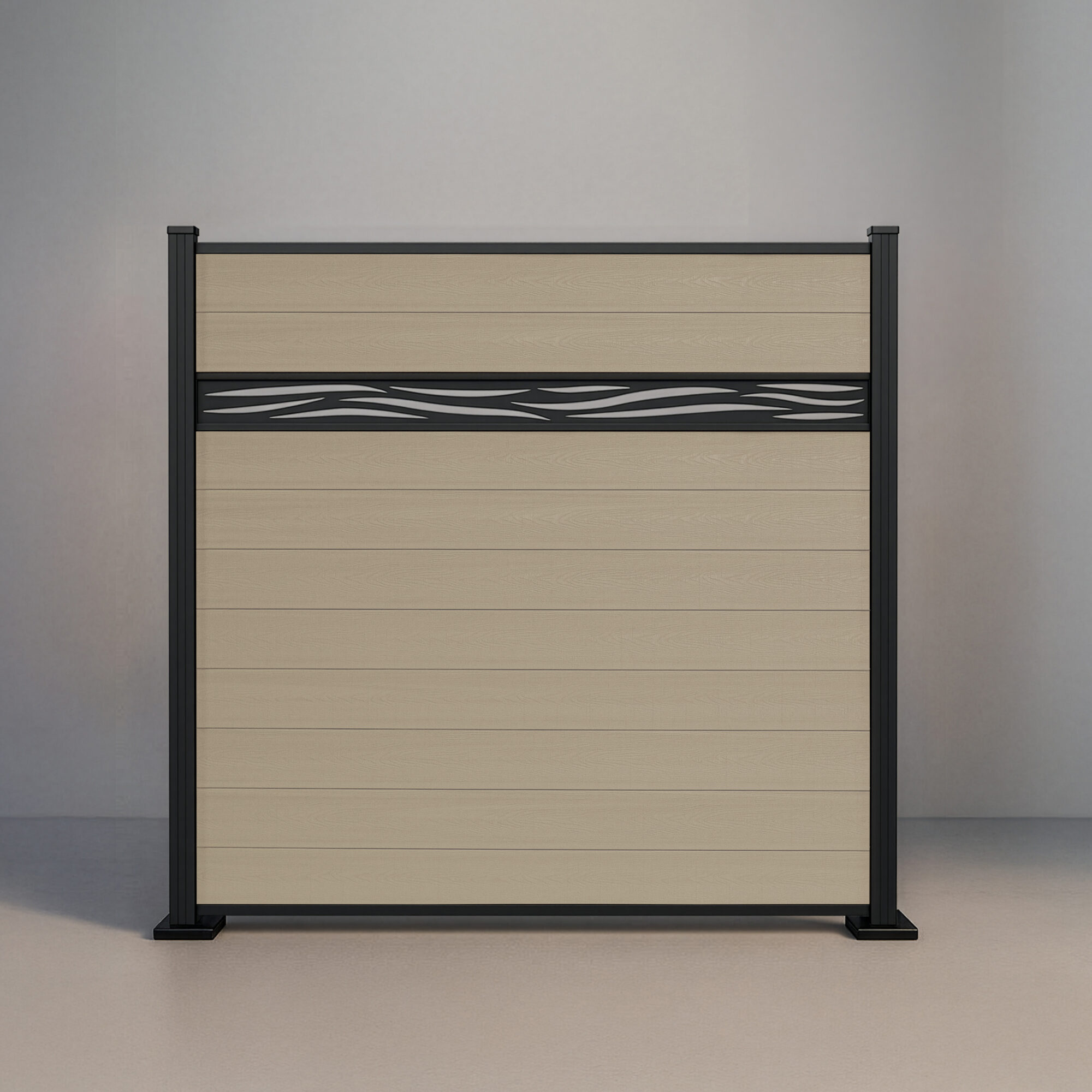 GWF® Waveform Lattice horizontal composite fence in Sandy Birch, ten embossed wood-grain boards with a matte black laser-cut aluminum waveform accent on a 6063-T5 frame.