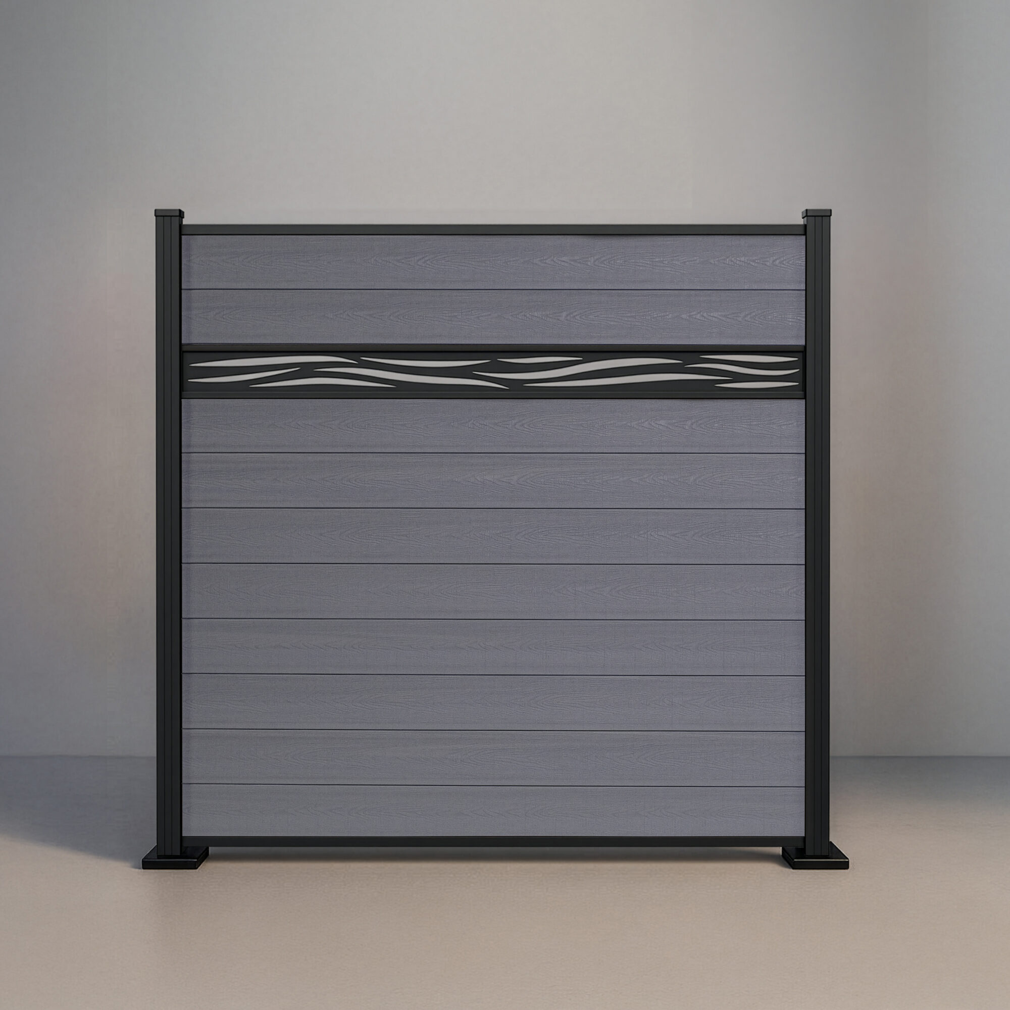 GWF® Waveform Lattice horizontal composite fence in Storm Grey, ten tongue-and-groove boards with a matte black laser-cut aluminum waveform accent on a 6063-T5 frame.