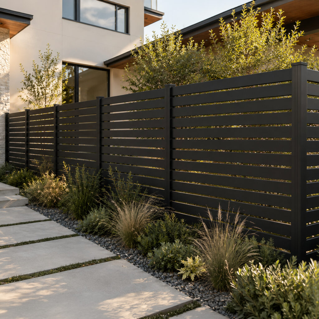 Greenwood Fence Aluminum Euro Slat Fence with 14 matte black horizontal slats and 1 inch openings in a modern residential setting