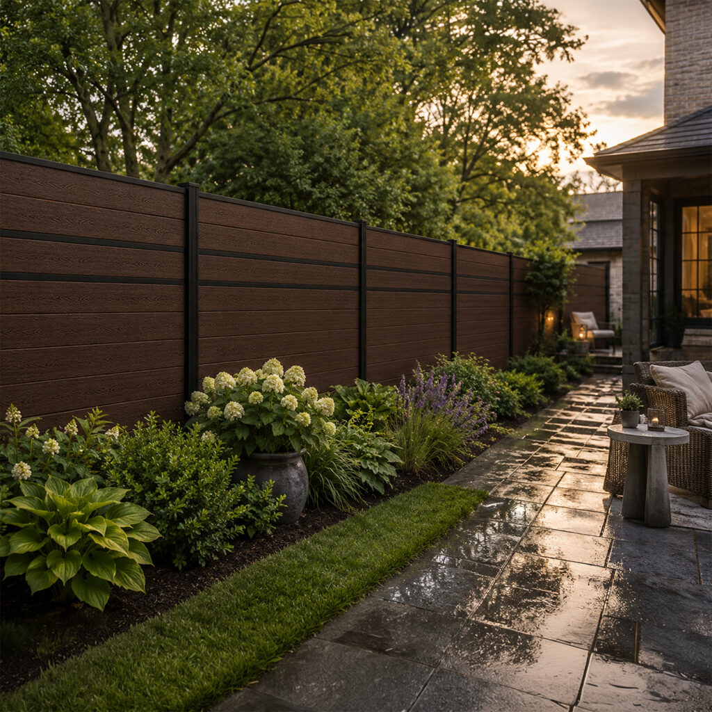 Greenwood Fence Modern Privacy composite fence in Aspen Brown with two middle rails and Matte Black aluminum framing in a landscaped backyard