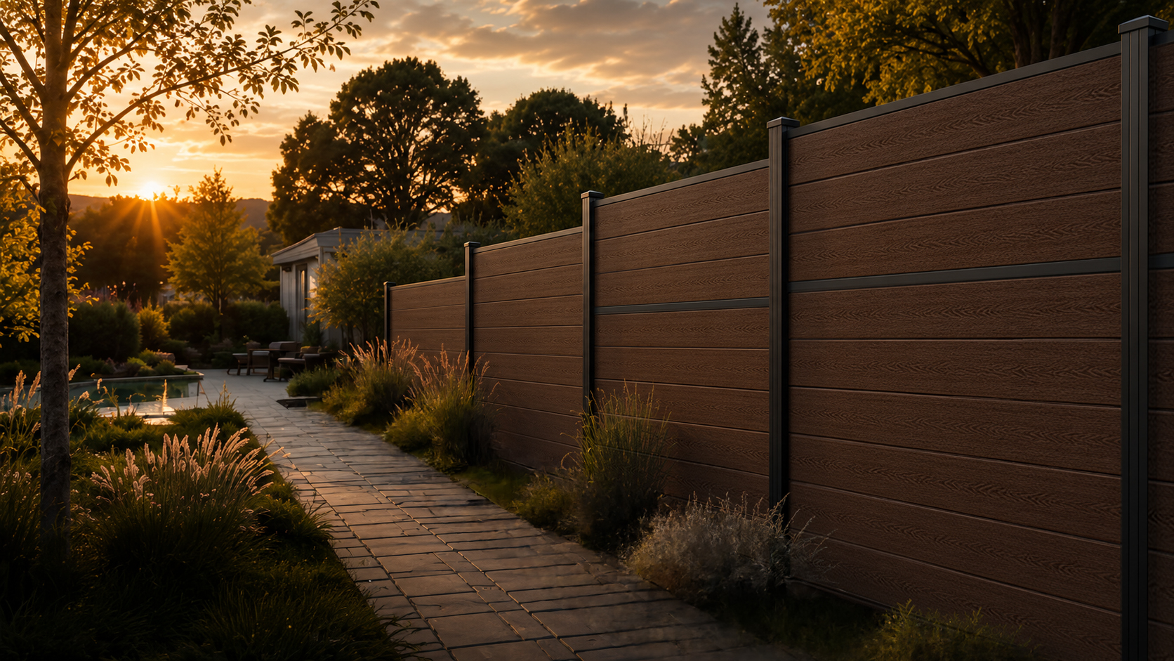 Greenwood Fence Aspen Brown modular composite privacy fence combining solid and mid-rail panels along a landscaped garden walkway at golden hour