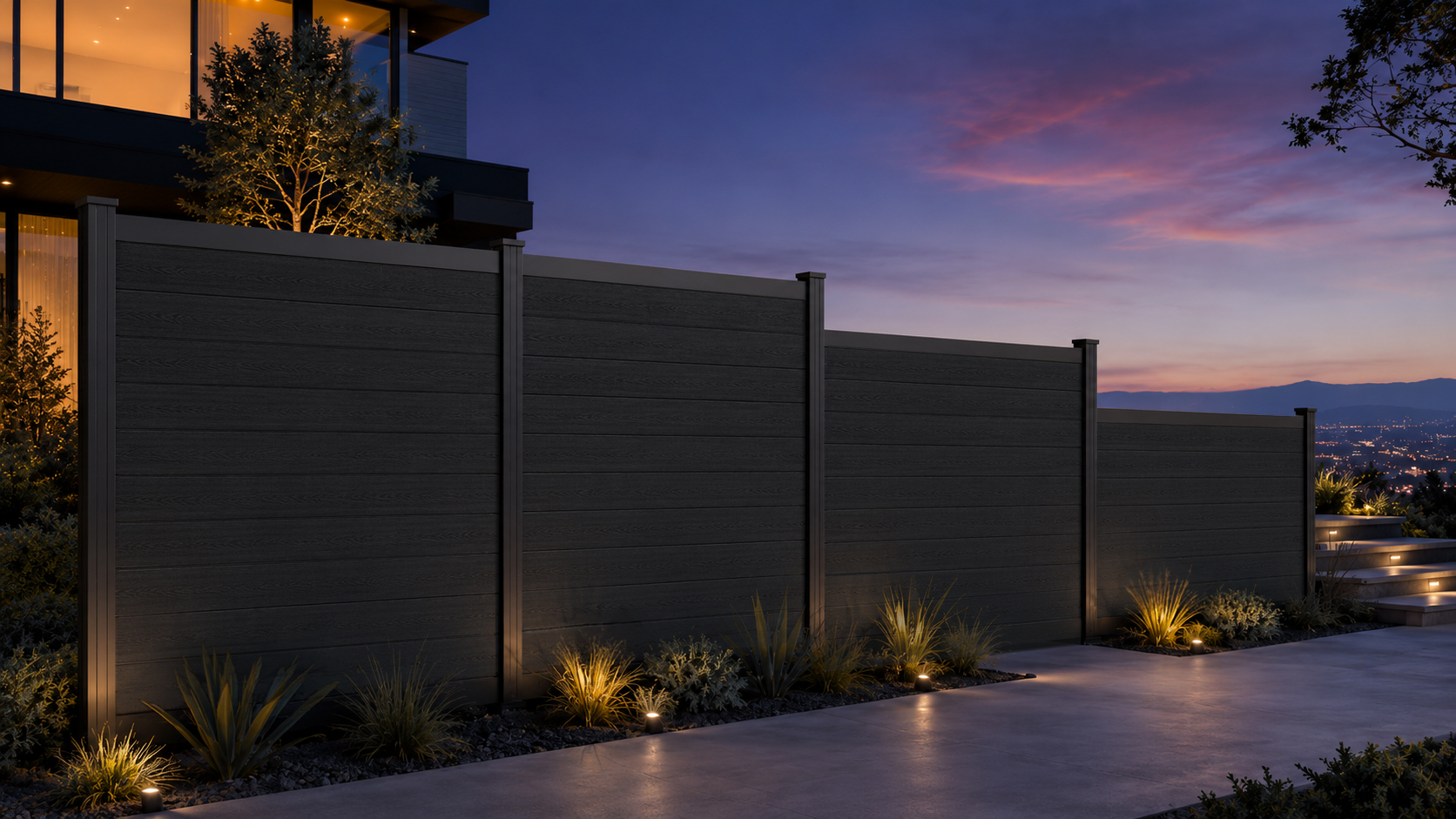 Greenwood Fence Charcoal modular composite privacy fence with stepped height transitions at dusk beside a modern home