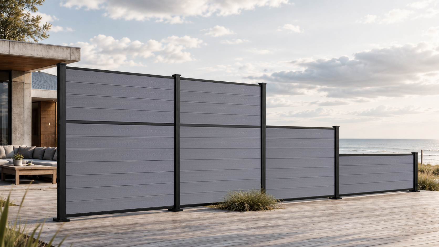 Greenwood Fence Storm Grey modular composite fence with stepped height transitions on a coastal deck beside a modern home