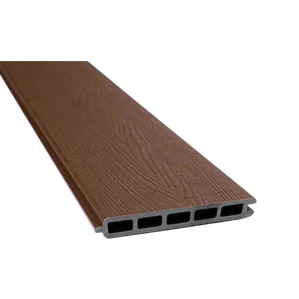 Greenwood Fence Aspen Brown capped composite fence board with woodgrain surface, tongue-and-groove edge, and five chamber hollow profile