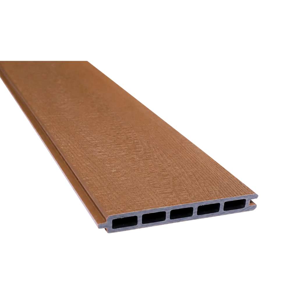 Greenwood Fence Cedar capped composite fence board with woodgrain surface, tongue-and-groove edge, and five-chamber hollow profile