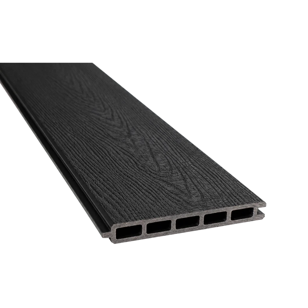 Greenwood Fence Charcoal capped composite fence board with woodgrain surface, tongue-and-groove edge, and five-chamber hollow profile