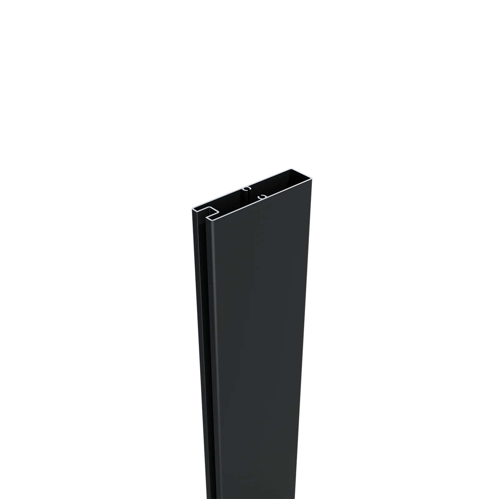 Greenwood Fence Deluxe Top Rail, 3.15 inch (80mm) matte black powder-coated aluminum rail for composite fence panels, shown in profile