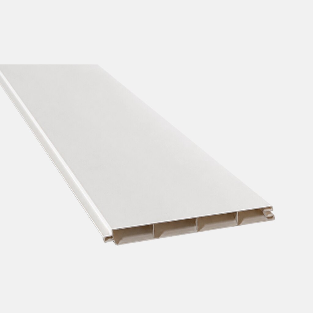 Greenwood Fence Mykonian White premium vinyl fence board with smooth white finish, tongue-and-groove edges, and hollow-core profile