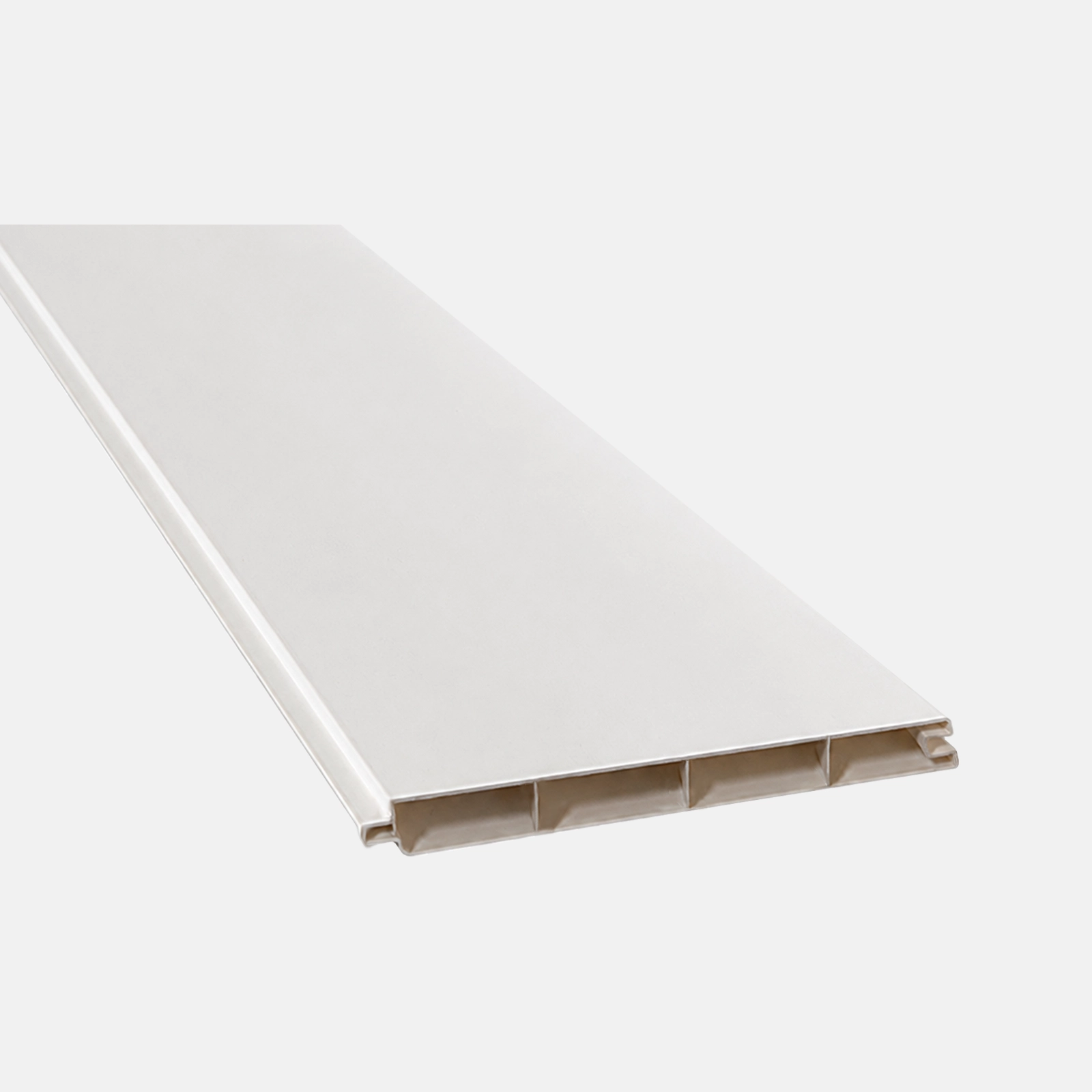 Greenwood Fence Mykonian White premium vinyl fence board with smooth white finish, tongue-and-groove edges, and hollow-core profile