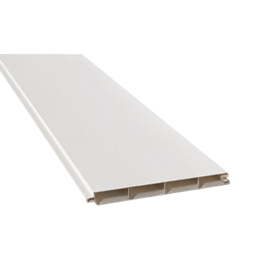GWF® Mykonian White premium vinyl fence board profile with tongue-and-groove interlocking design for modular horizontal fence systems.