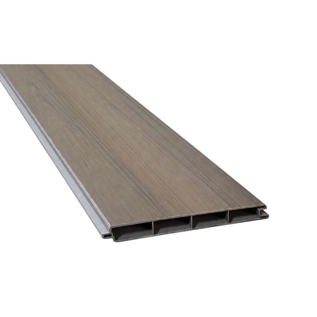 Greenwood Fence Woodgrain Walnut premium vinyl fence board with extruded woodgrain finish, tongue-and-groove edges, and hollow-core profile