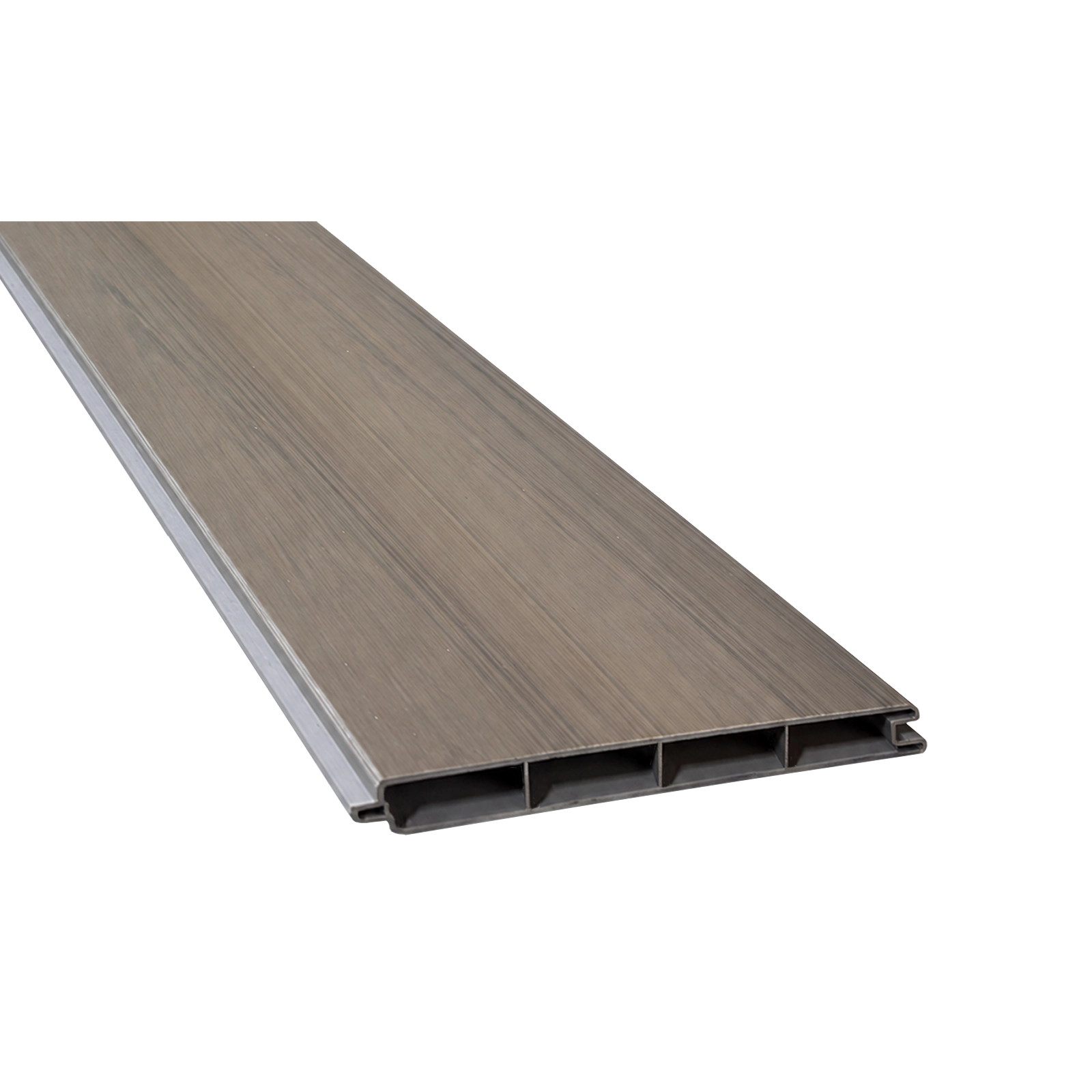 Greenwood Fence Woodgrain Walnut premium vinyl fence board with extruded woodgrain finish, tongue-and-groove edges, and hollow-core profile