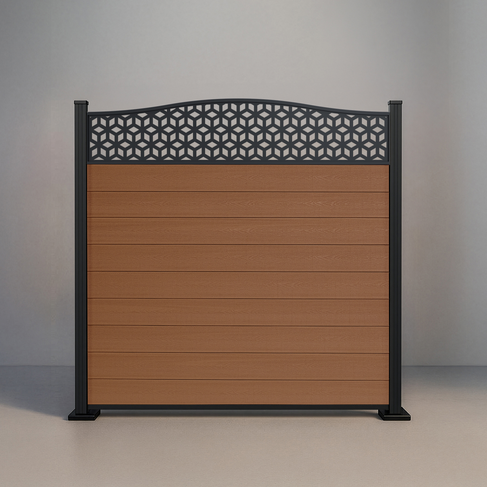 Six-foot Crescent Top Lattice fence with Cedar composite infill and black aluminum standard posts