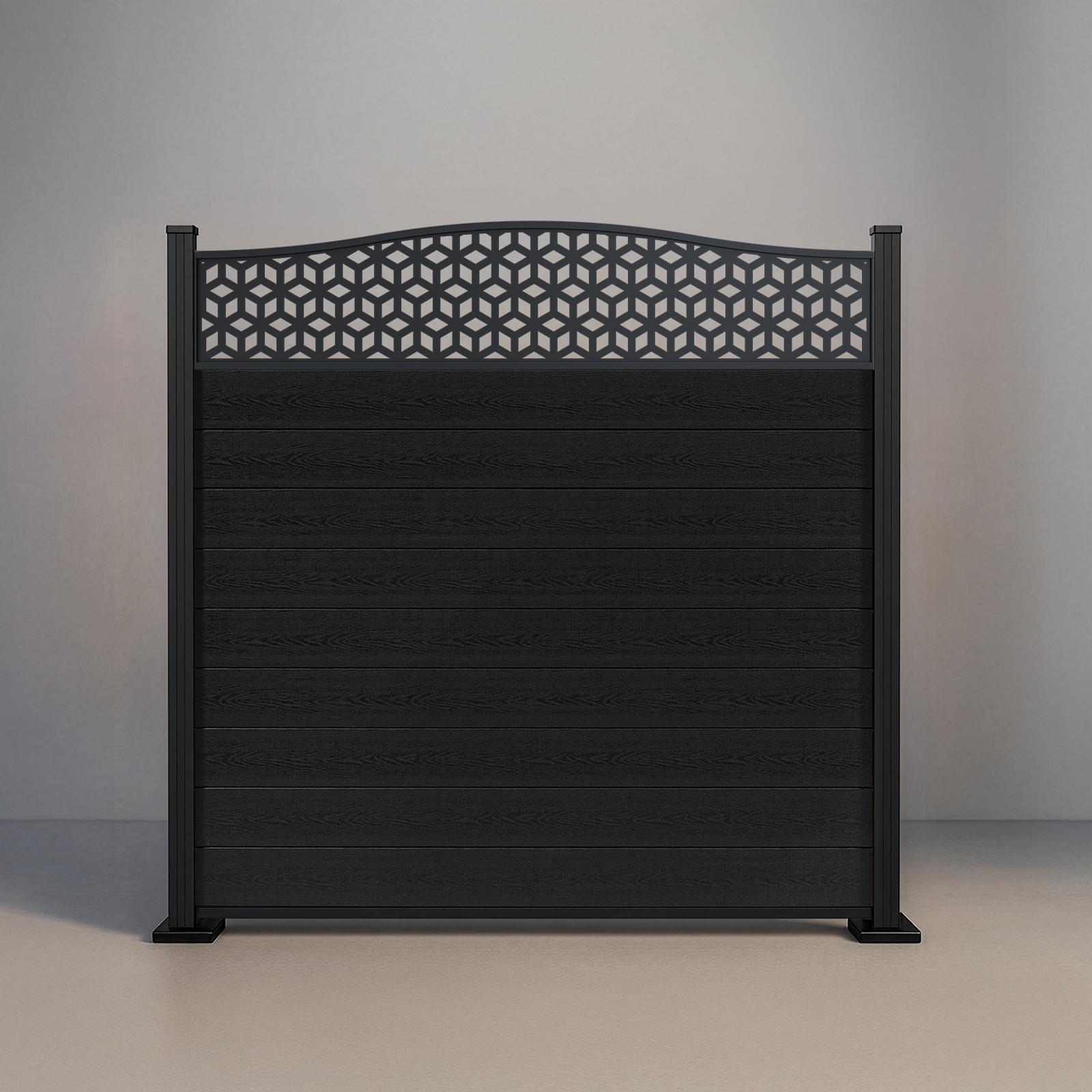 Six-foot Crescent Top Lattice fence with Charcoal composite infill and black aluminum standard posts