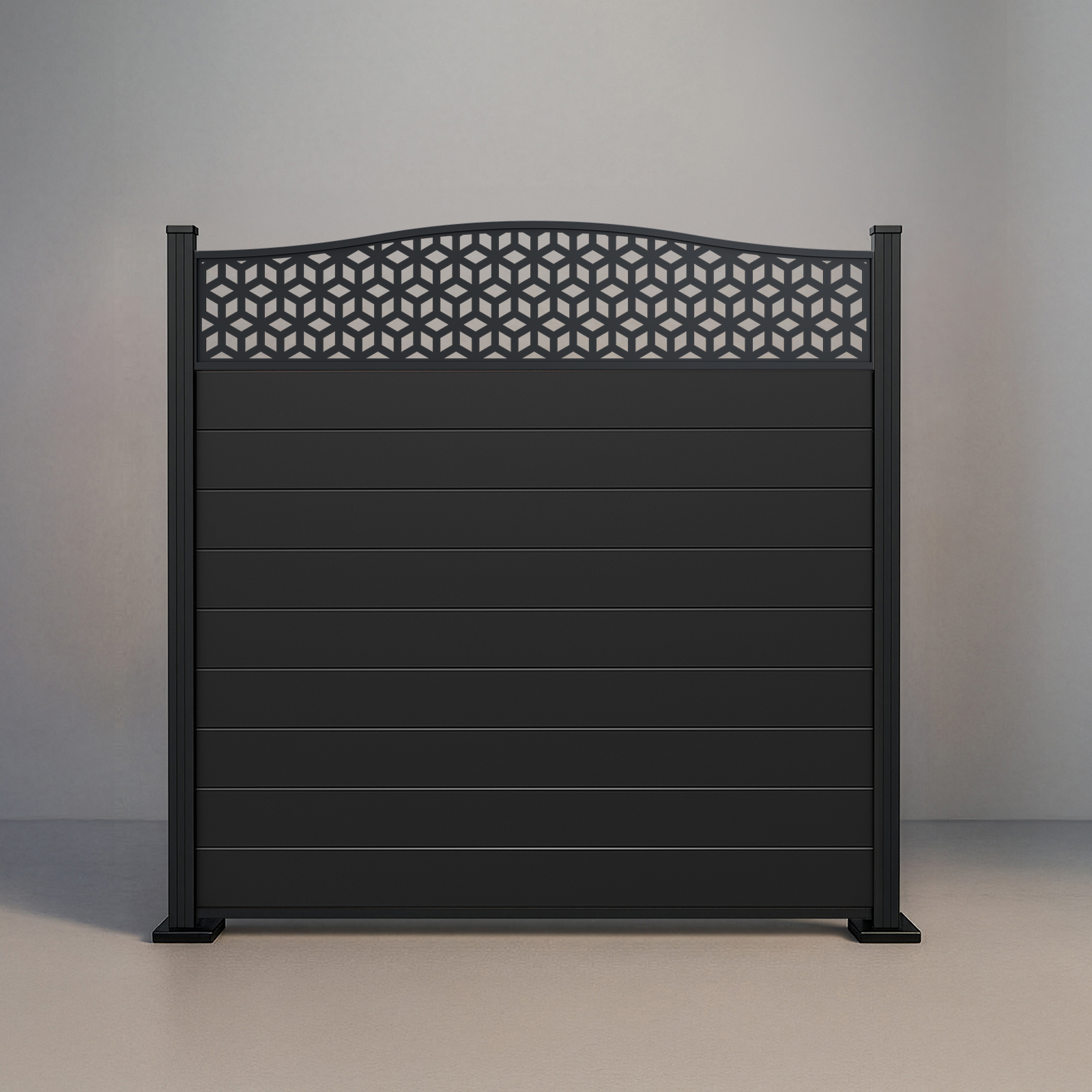 Six-foot Crescent Top Lattice fence with Matte Black aluminum infill and black aluminum standard posts