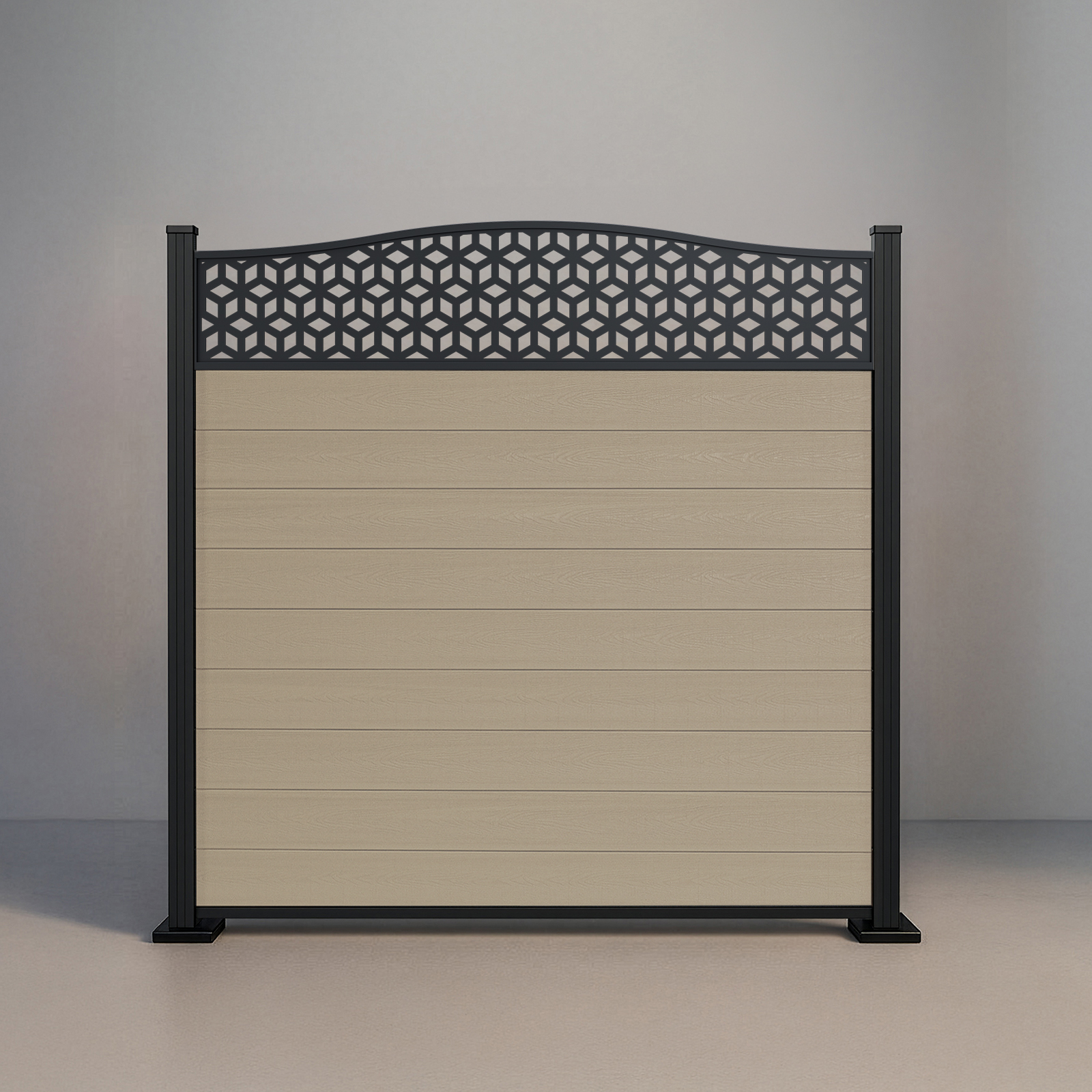 Six-foot Crescent Top Lattice fence with Sandy Birch composite infill and black aluminum standard posts