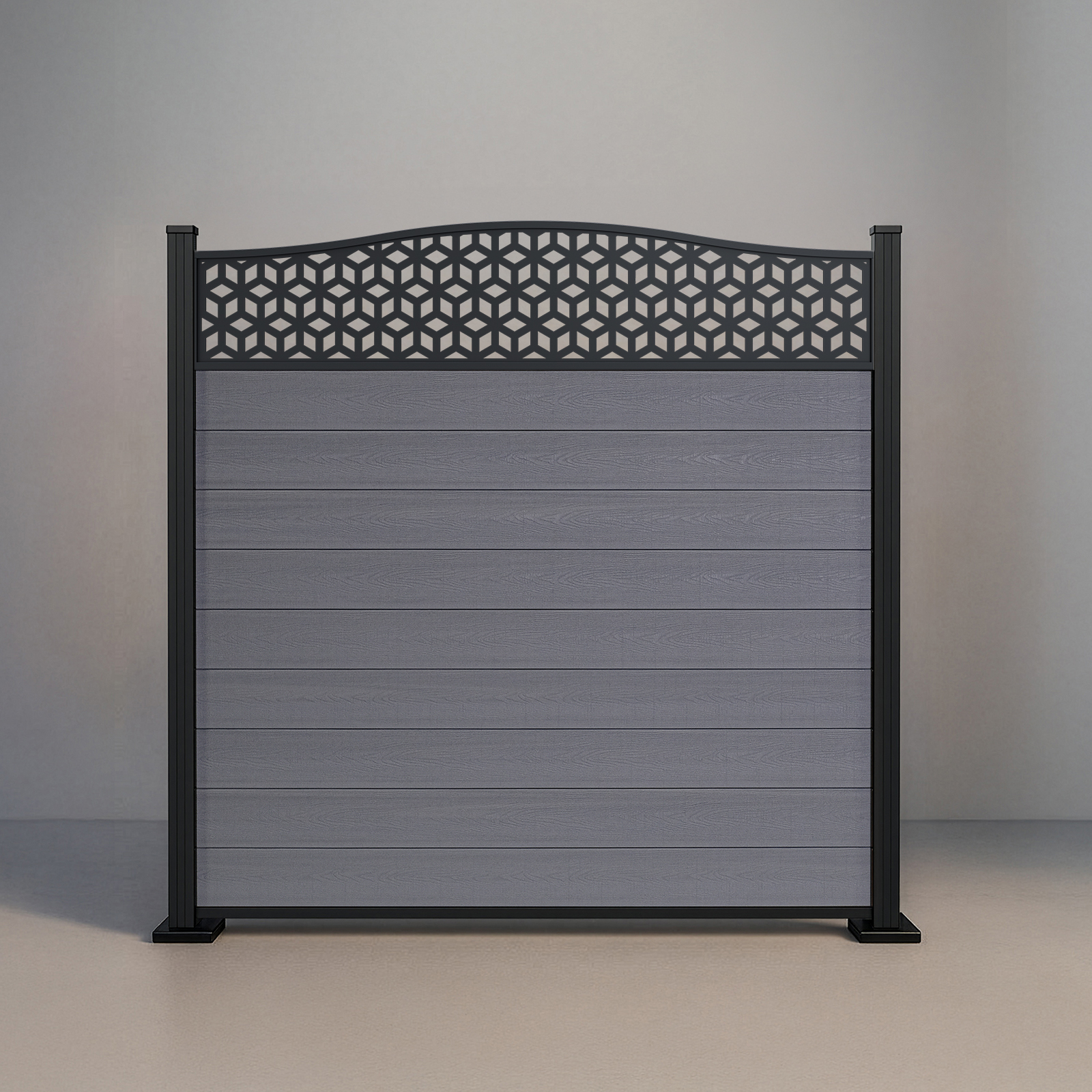 Six-foot Crescent Top Lattice fence with Storm Grey composite infill and black aluminum standard posts