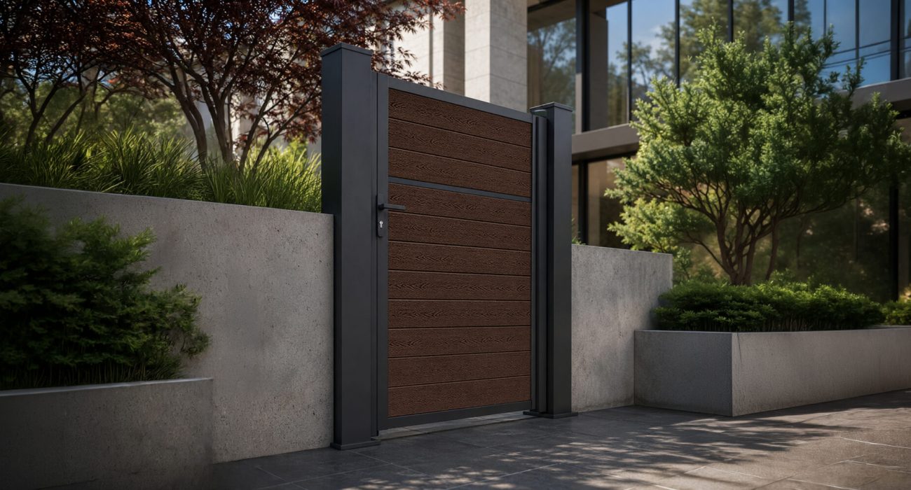 A 4ft wide modern modular pedestrian walk gate in Aspen Brown featuring 360° Capped composite interlocking tongue and groove boards inside a matte black aluminum frame, integrated into luxury minimalist architecture with concrete walls and dark pavers.