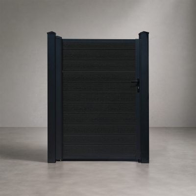 Greenwood Fence Classic Privacy Charcoal composite single swing gate with matte black aluminum frame, posts, and hardware