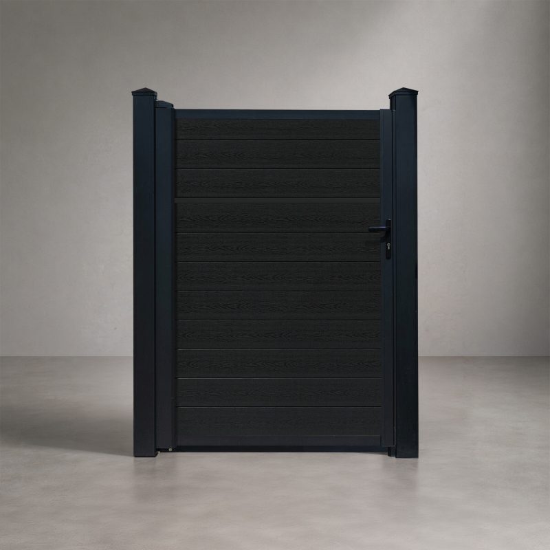 Greenwood Fence Classic Privacy Charcoal composite single swing gate with matte black aluminum frame, posts, and hardware