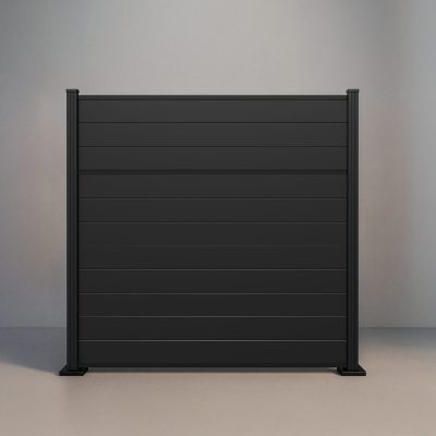 GWF® Classic Privacy horizontal modular aluminum fence in Matte Black with 6063-T5 framing, signature mid-panel rail, and AAMA 2604 powder coat.
