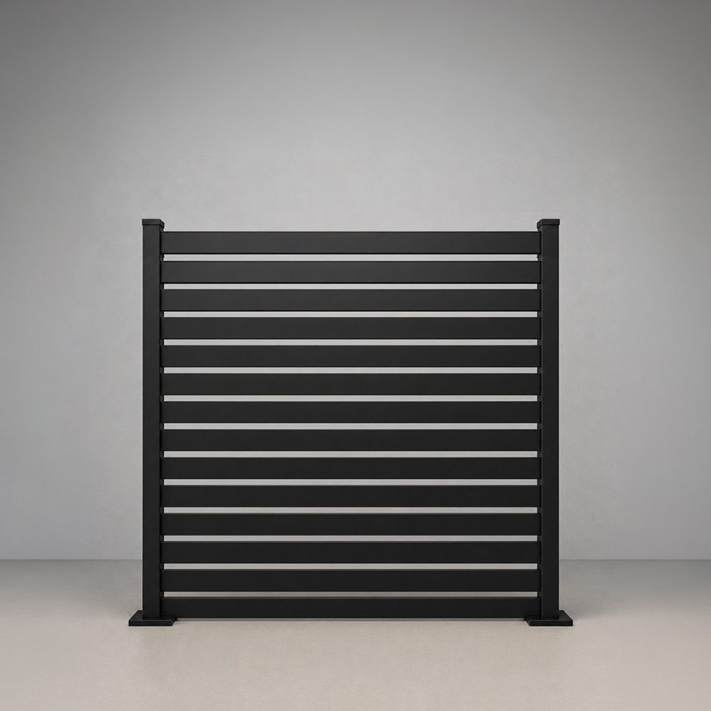 Greenwood Fence Euro Slat all aluminum horizontal slat fence with 1 inch openings in matte black, 6ft panel, straight-on product elevation