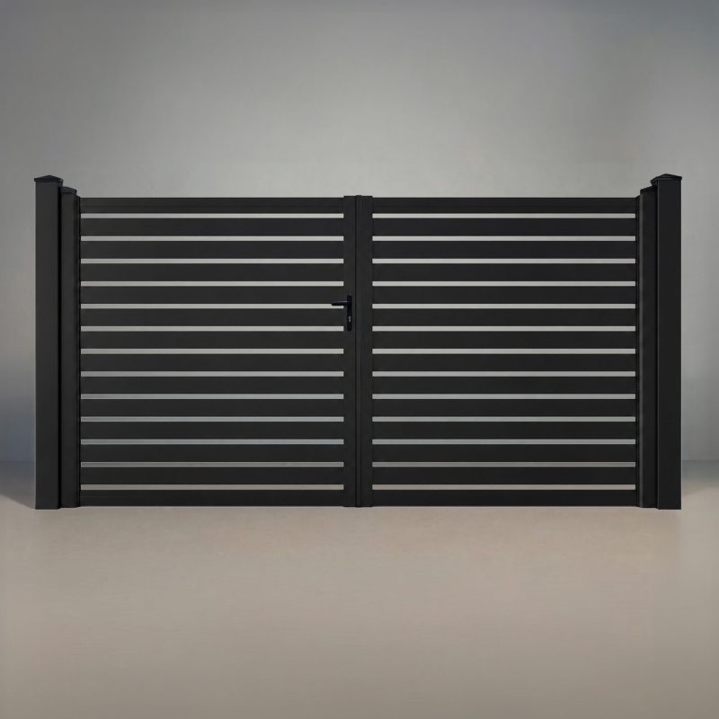 greenwood fence euro slat aluminum double gate 12ft matte black 1 inch openings