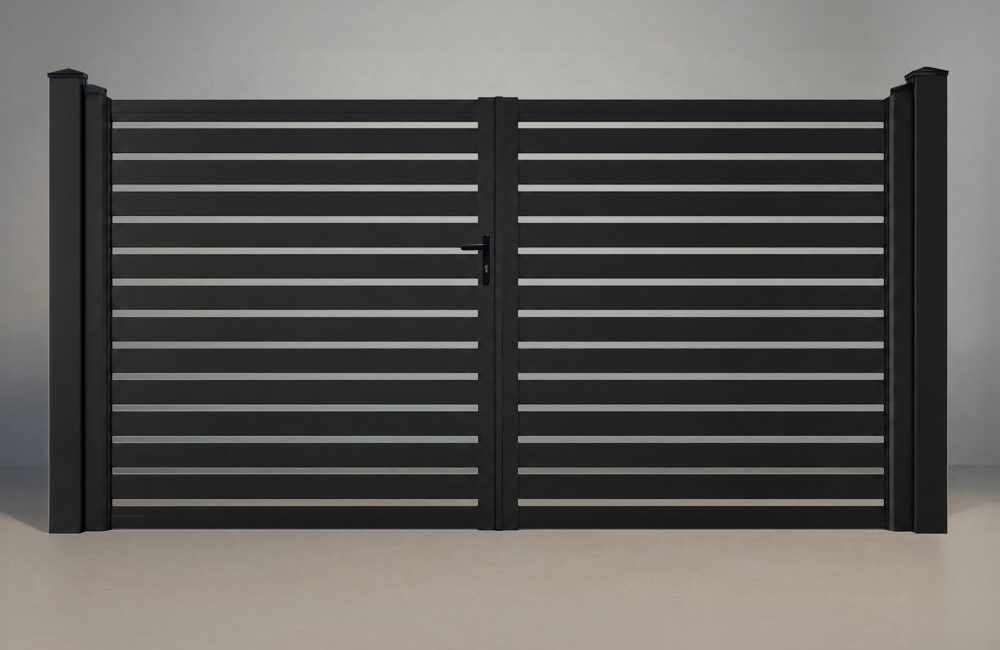greenwood fence euro slat aluminum double gate 12ft matte black 1 inch openings