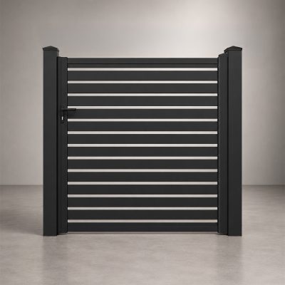 Greenwood Fence 12 ft Euro Slat aluminum double driveway gate in Matte Black with horizontal slats and 1 inch openings