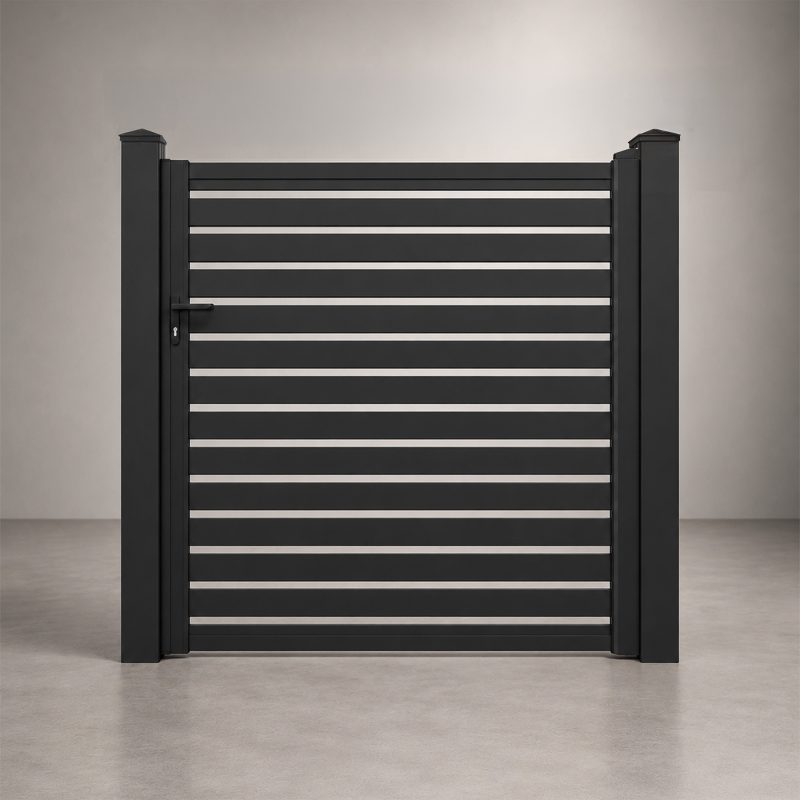 Greenwood Fence 12 ft Euro Slat aluminum double driveway gate in Matte Black with horizontal slats and 1 inch openings