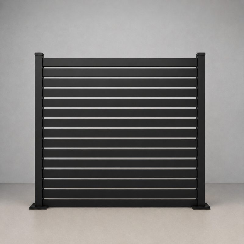 Greenwood Fence Euro Slat all aluminum horizontal slat fence with half inch openings in matte black, 6ft panel, straight-on product elevation