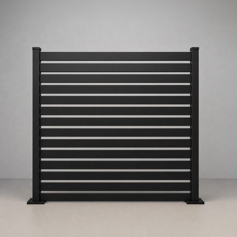 Greenwood Fence Euro Slat all aluminum horizontal slat fence with 1 inch openings in matte black, 6ft panel, straight-on product elevation