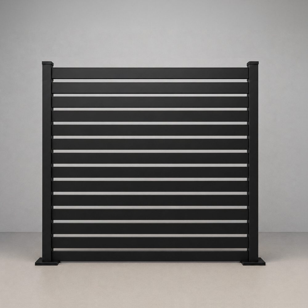 Greenwood Fence Euro Slat all aluminum horizontal slat fence with 1 inch openings in matte black, 6ft panel, straight-on product elevation
