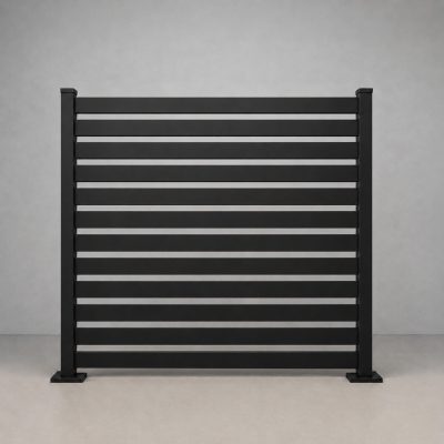 Greenwood Fence Euro Slat all aluminum horizontal slat fence with 2 inch openings in matte black, 6ft panel, straight-on product elevation