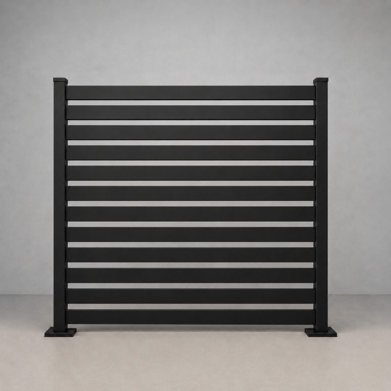 Greenwood Fence Euro Slat all aluminum horizontal slat fence with 2 inch openings in matte black, 6ft panel, straight-on product elevation