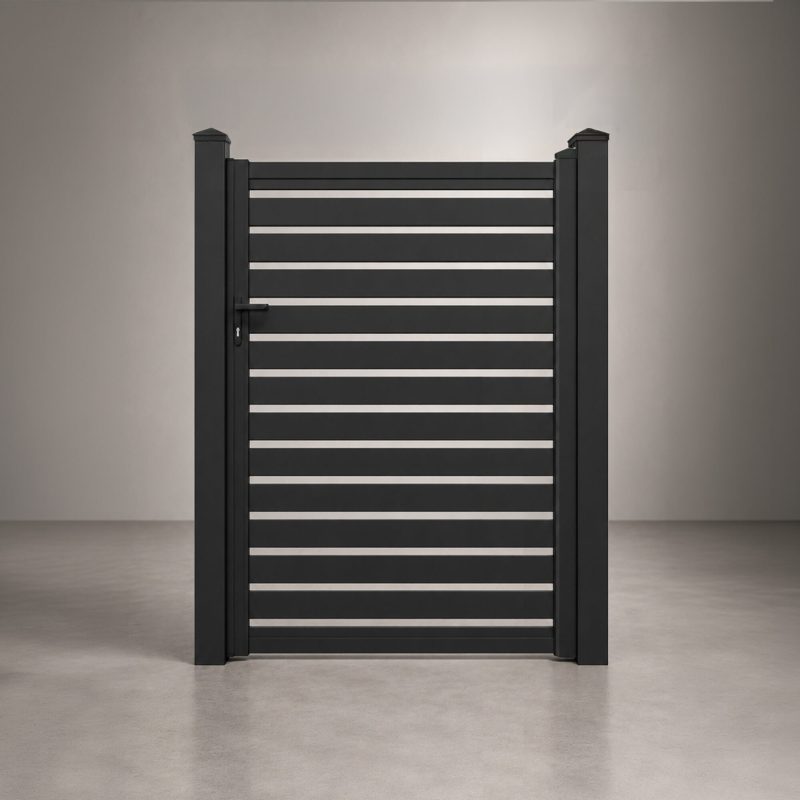 Greenwood Fence 4 ft Euro Slat aluminum single gate in Matte Black with horizontal slats and 1 inch openings