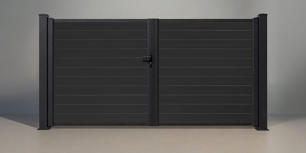 GWF® aluminum double swing gate in Charcoal, two horizontal-infill leaves meeting at a center gate stopper between matte black posts, for openings up to 12 feet.