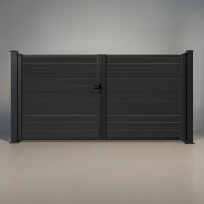 GWF® aluminum double swing gate in Charcoal, two horizontal-infill leaves meeting at a center gate stopper between matte black posts, for openings up to 12 feet.