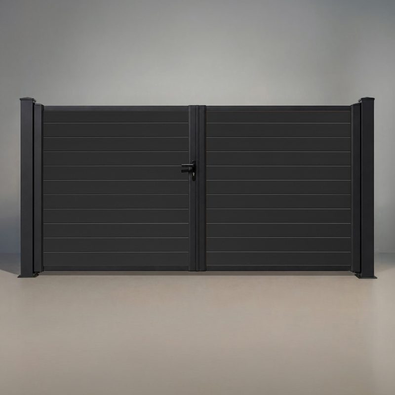 GWF® aluminum double swing gate in Charcoal, two horizontal-infill leaves meeting at a center gate stopper between matte black posts, for openings up to 12 feet.