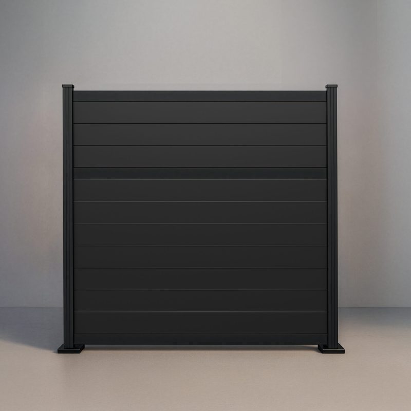 GWF® Classic Deluxe horizontal modular aluminum fence in Matte Black with 6063-T5 framing, 80mm rail construction, and AAMA 2604 powder coat.