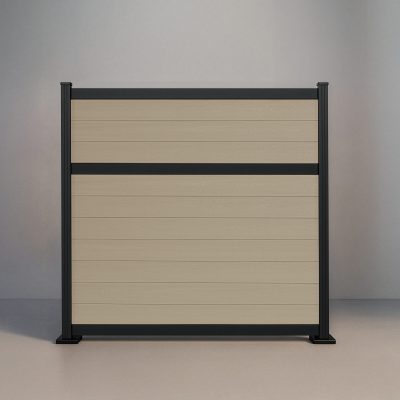 GWF® Classic Deluxe horizontal modular composite fence in Sandy Birch with 6063-T5 aluminum framing and 80mm rail construction.