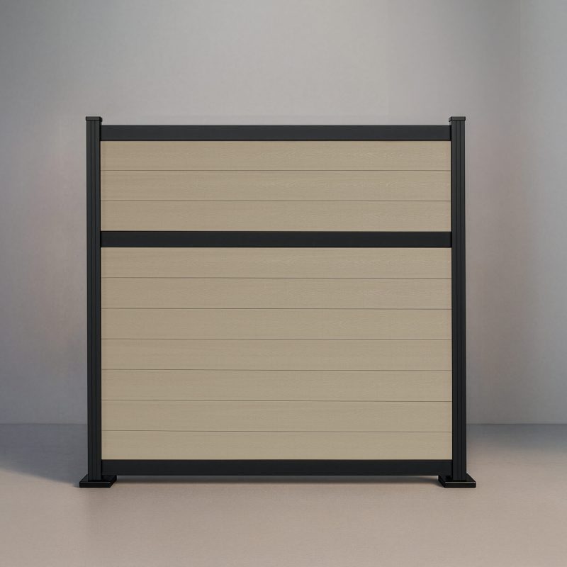 GWF® Classic Deluxe horizontal modular composite fence in Sandy Birch with 6063-T5 aluminum framing and 80mm rail construction.
