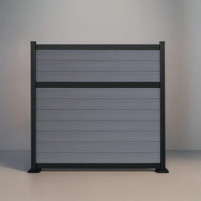 GWF® Classic Deluxe horizontal modular composite fence in Storm Grey with 6063-T5 aluminum framing and 80mm rail construction.