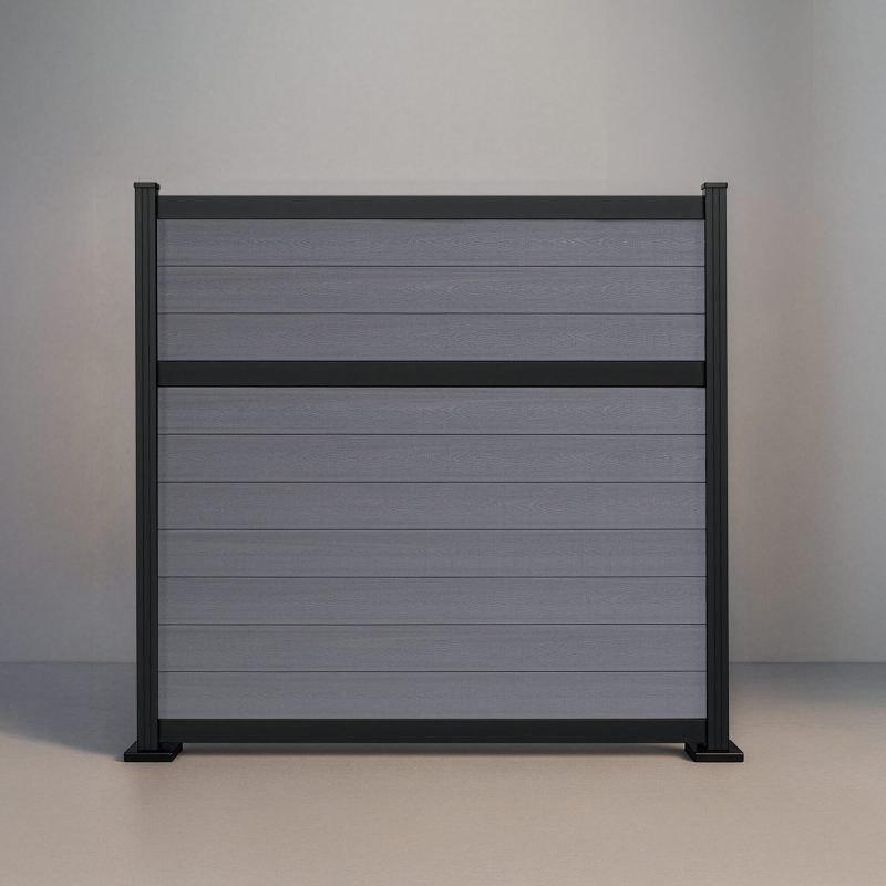 GWF® Classic Deluxe horizontal modular composite fence in Storm Grey with 6063-T5 aluminum framing and 80mm rail construction.