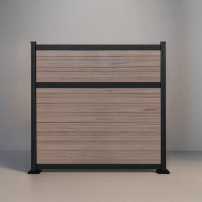 GWF® Classic Deluxe horizontal vinyl fence in Woodgrain Walnut, ten solid woodgrain boards with bold 80mm rails and a mid rail on a 6063-T5 frame.