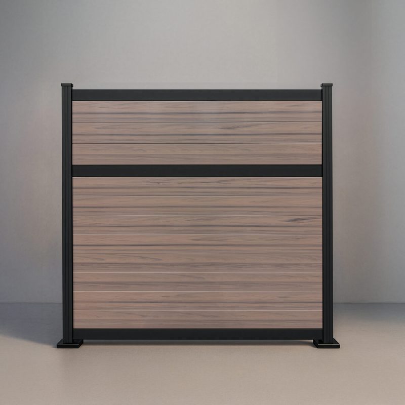 GWF® Classic Deluxe horizontal vinyl fence in Woodgrain Walnut, ten solid woodgrain boards with bold 80mm rails and a mid rail on a 6063-T5 frame.