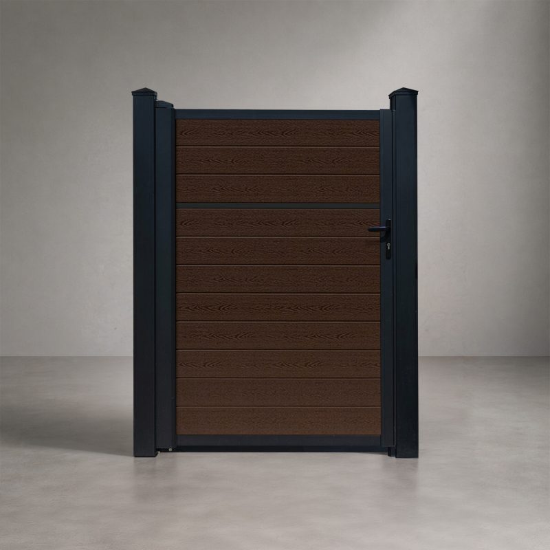 Greenwood Fence Classic Privacy Aspen Brown composite single swing gate with matte black aluminum frame, posts, and hardware
